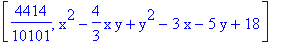 [4414/10101, x^2-4/3*x*y+y^2-3*x-5*y+18]